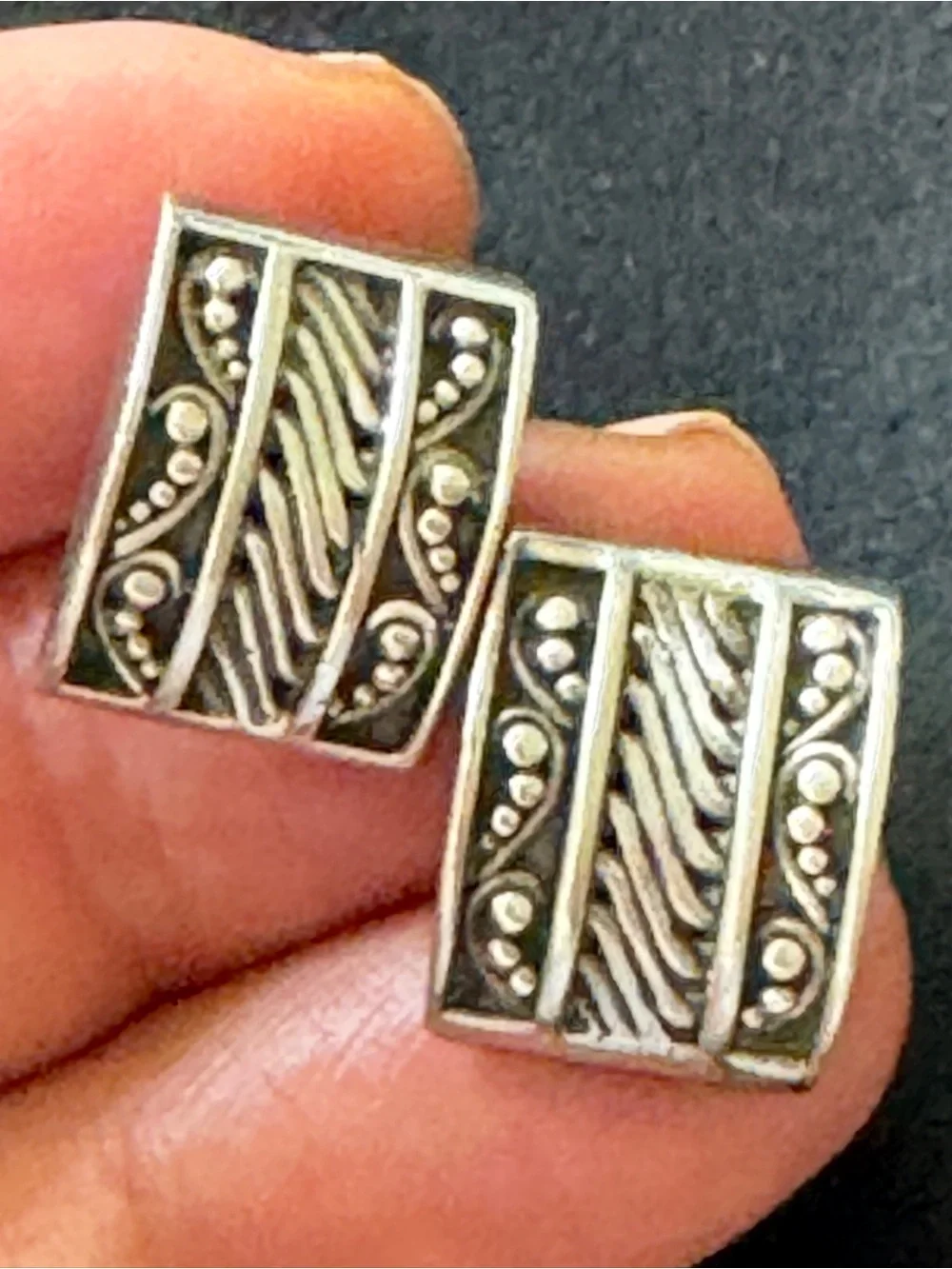 Lois Hill Signed 925 Sterling Silver Ornate Rectangular Statement Earrings